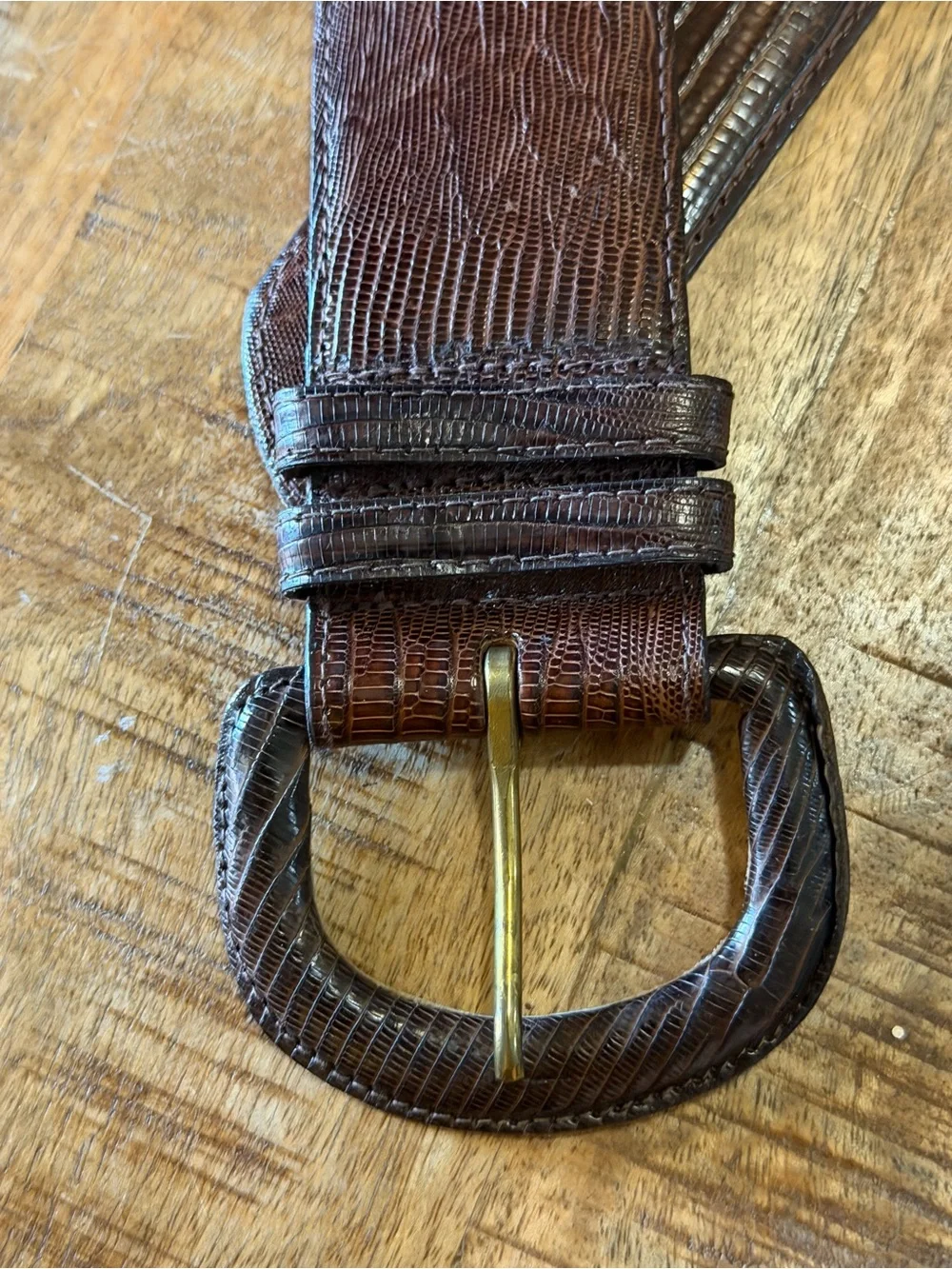 Vtg Cipriani Dark Brown Lizard Grain Leather Belt Wrapped Buckle Size M 2” Wide